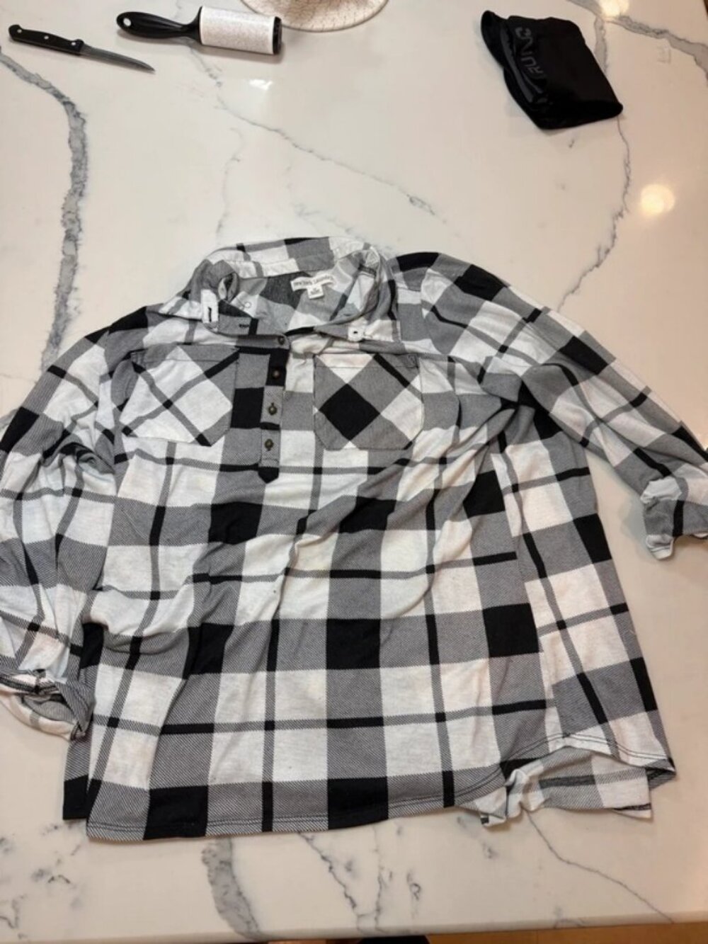 New York Laundry Black White Plaid Flannel Henley Womens XXL